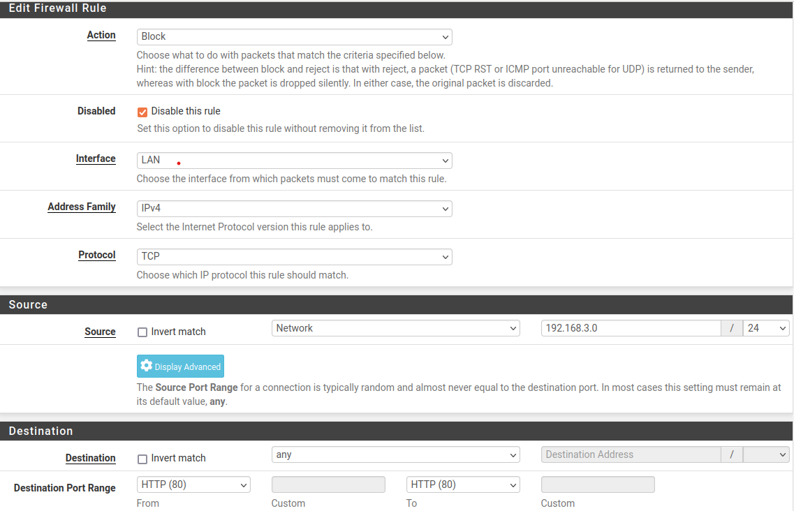 pfSense HTTP port 80 block rule