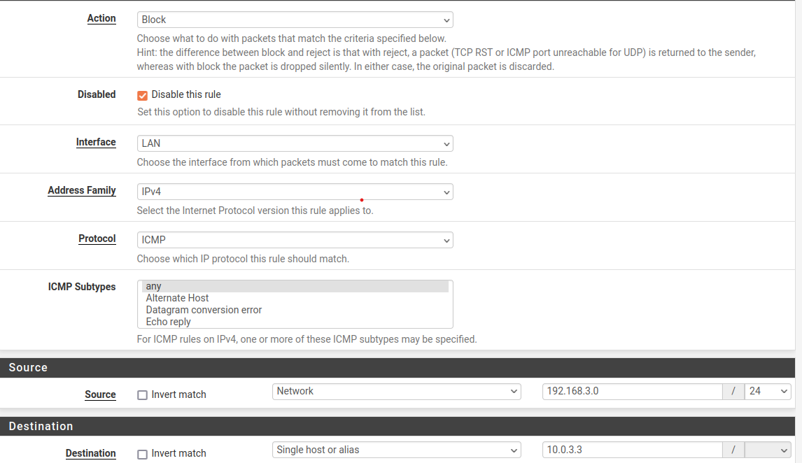pfSense ICMP block rule between VLANs