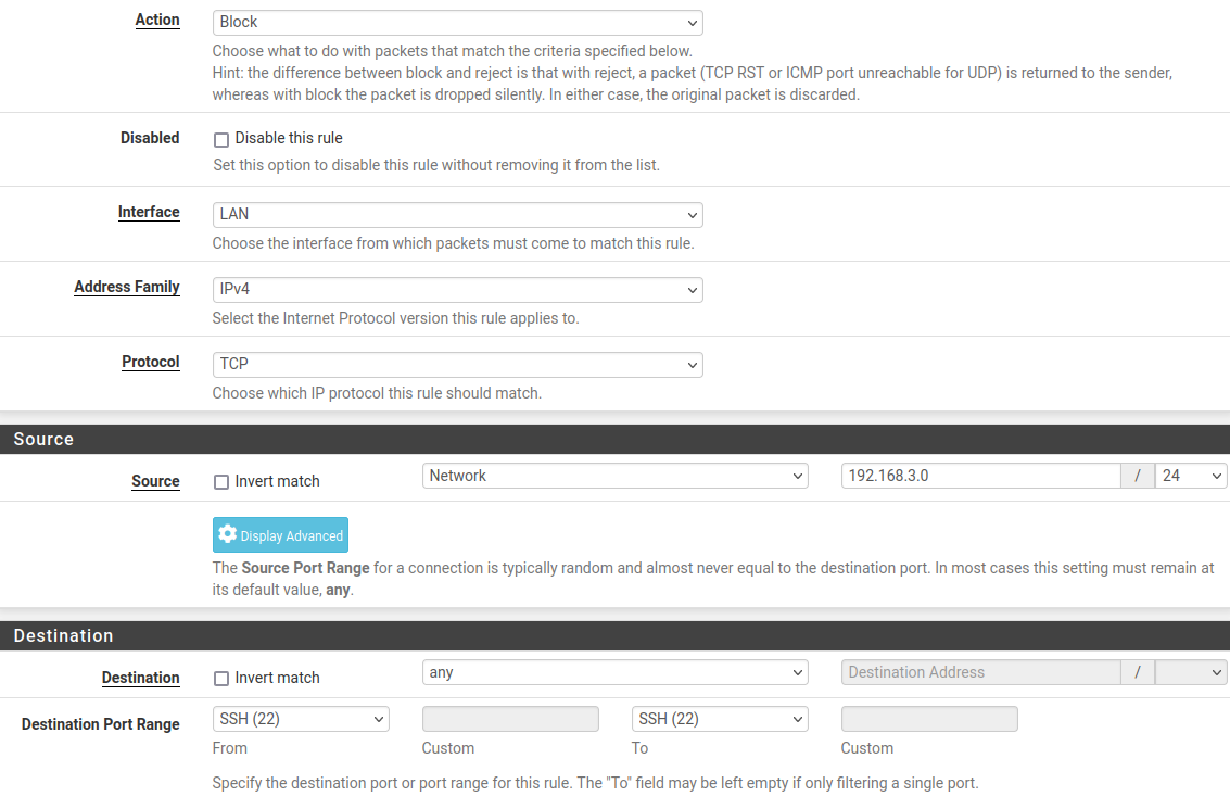 pfSense SSH block rule for inter-VLAN isolation