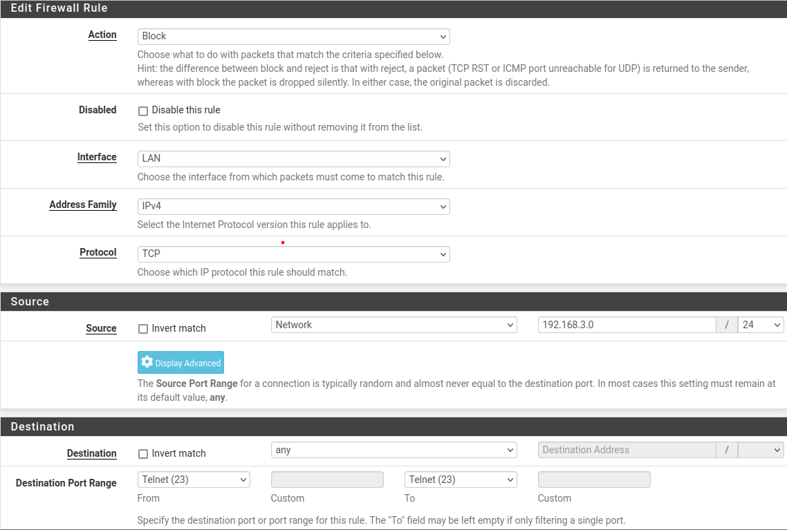 pfSense Telnet block rule configuration