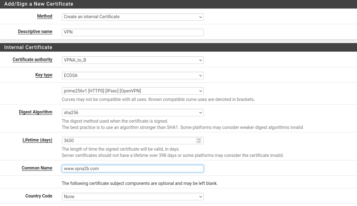 pfSense server certificate generation