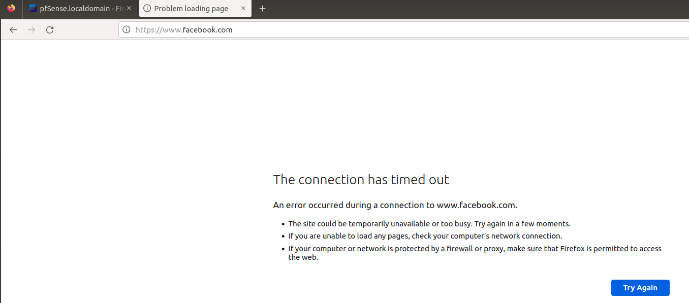 Facebook blocked by pfSense firewall rule — browser error