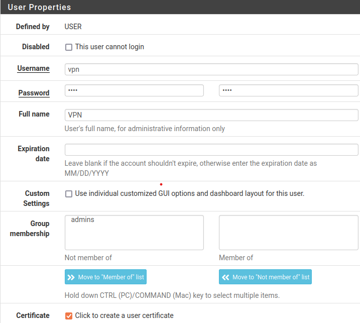 pfSense VPN user certificate properties